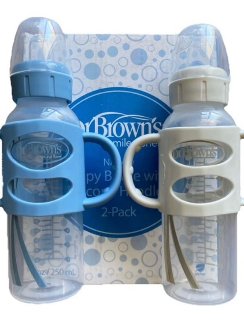 Dr. Brown's Sippy Spout Bottle Silicone Handles Blue & White 8oz 2-Pack